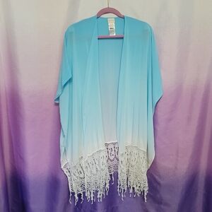 Chico's Dip Dye Ruana With Lace Trim Blue Ombre Kimono Size S/M